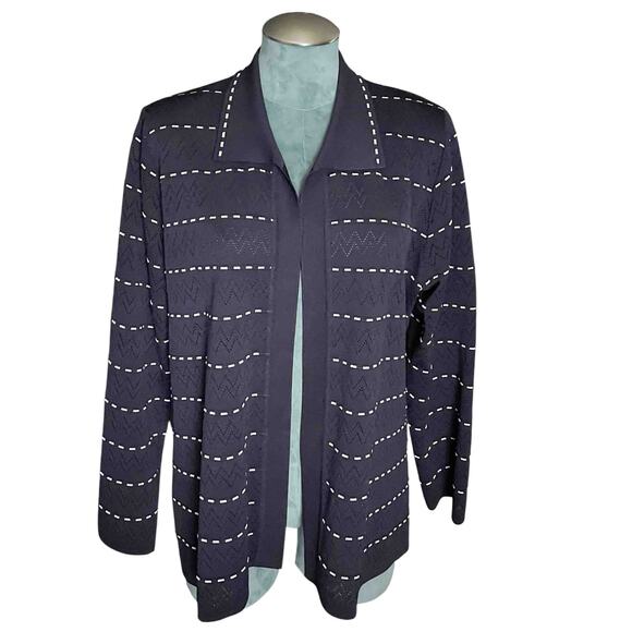 Womens Misook Chevron Eyelet Open Front Cardigan Navy Blue Stripe Acrylic Size L - Picture 1 of 7